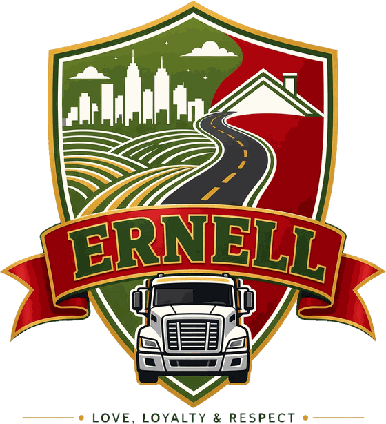 ERNELL crest: a shield with a city skyline, farm fields, a winding road, a house and a truck, under an ERNELL ribbon and the motto Love, Loyalty and Respect
